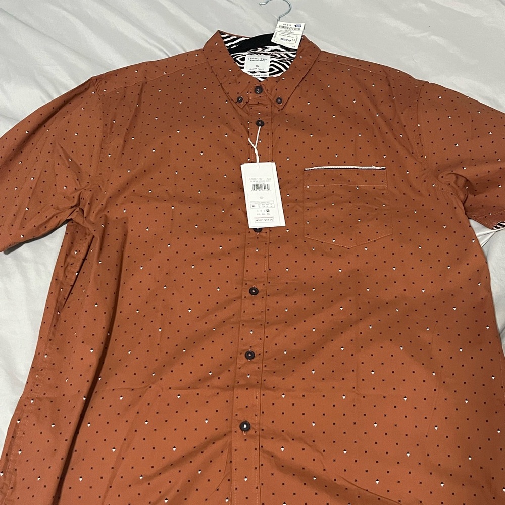 Men's Rust Button-Up Shirt with Polka Dots